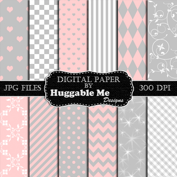 Digital Download Pink and Grey Pattern Paper for Wedding, Scrapbook, Backgrounds, Cards 12x12 - HMD00100
