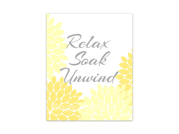 Digital Download - Relax Soak Unwind Bathroom Wall Art, Instant Download Bath Art, Printable Modern Bathroom Decor, Yellow Bathroom Decor -