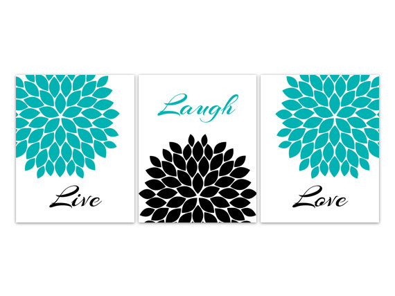 Digital Download - Bedroom Wall Art, Instant Download Wall Art, Live Laugh Love, Teal Home Decor, Aqua And Black Flower Burst Artwork - Home103