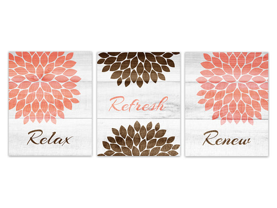 Digital Download Brown And Coral Bathroom Wall Art Instant Download Relax Refresh Renew Coral An On Luulla
