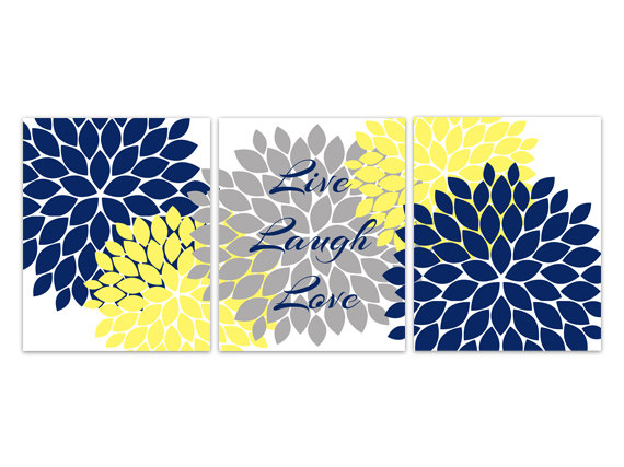 Digital Download - Bedroom Wall Art, Instant Download Bathroom Art, Live Laugh Love, Blue And Yellow Wall Art, Home Decor, Flower Burst Artwork -