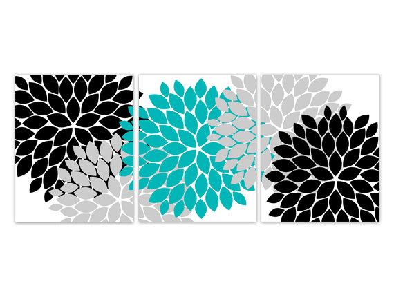 Digital Download - Home Decor Wall Art, Instant Download Turquoise And Black Flower Burst Art, Bathroom Wall Decor, Turquoise Bedroom Decor -