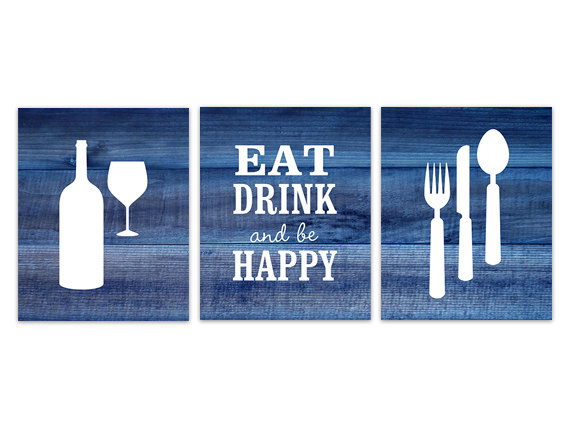 Digital Download - Navy Kitchen Wall Art, Instant Download, Fork Spoon Knife Art, Wine Art Print, Dining Room Art, Eat Drink And Be Happy Quote -
