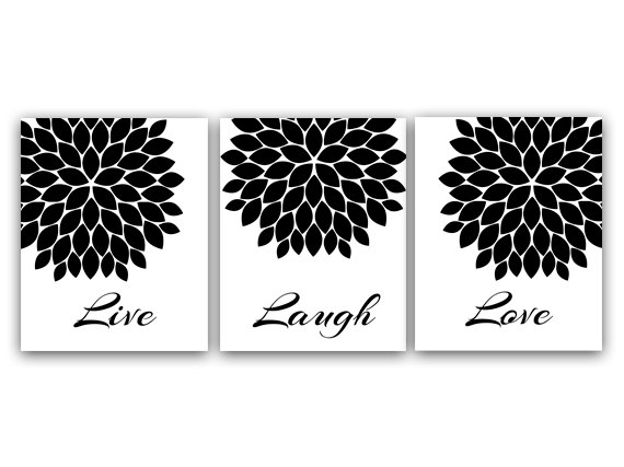 Digital Download - Live Laugh Love Wall Art, Printable Wall Art, Black And White Art, Quote Art Print, Home Decor, Chrysanthemum, Instant