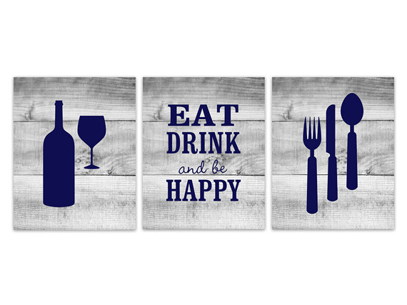 Digital Download - Blue Kitchen Wall Art, Instant Download, Fork Spoon Knife Art, Wine Art Print, Dining Room Art, Eat Drink And Be Happy Quote -