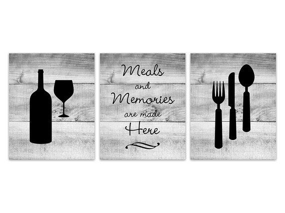 Digital Download - Black Kitchen Wall Art, Instant Download, Fork Spoon Knife Art, Wine Art Print, Dining Room Art, Meals And Memories, Wood