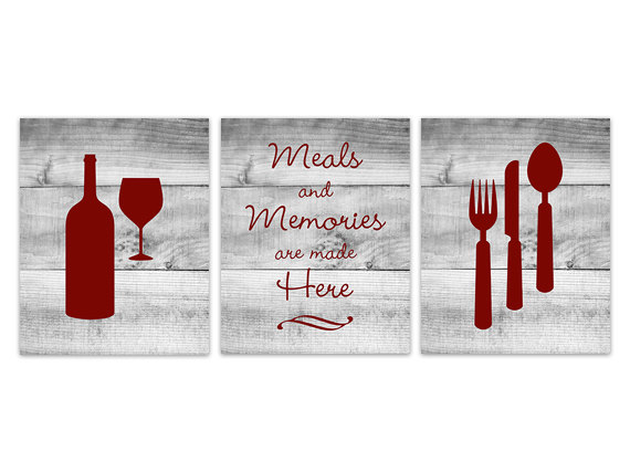 Digital Download - Red Kitchen Wall Art, Instant Download, Fork Spoon Knife Art, Wine Art Print, Dining Room Art, Meals And Memories, Wood Effect