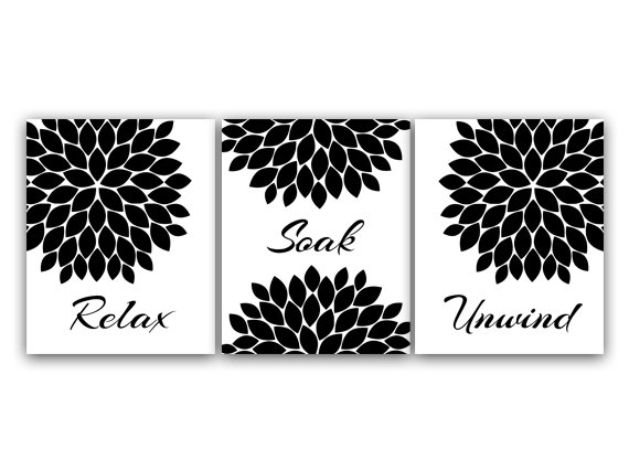 Digital Download - Bathroom Wall Art, Relax Soak Unwind, Instant Download Bath Art, Printable Modern Bathroom Decor, Black And White Bathroom