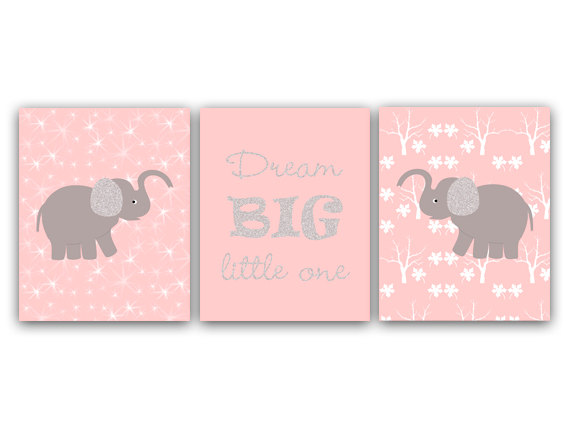 Digital Download - Baby Girls Nursery Decor, Dream Big Little One Quote Print, Pink Elephant Art Print, Elephant Nursery Art, Printable Kids Art