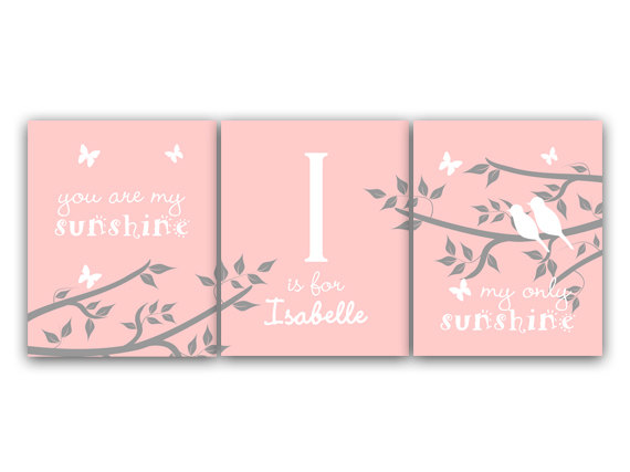 Digital Download - You Are My Sunshine, My Only Sunshine, Digital Download Girls Monogram, Nursery Wall Art, Birds In A Tree Art, Pink Nursery -