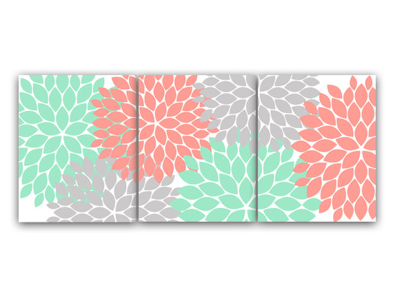Digital Download - Home Decor Wall Art, Instant Download Coral And Mint Flower Burst Art, Bathroom Wall Decor, Coral Bedroom Decor, Nursery Wall