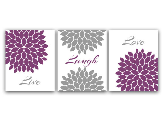 Digital Download - Home Wall Art, Printable Bathroom Art, Live Laugh Love, Purple And Gray Nursery Decor, Flower Burst Artwork, Instant Download