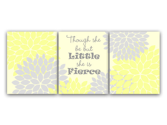 Digital Download - Nursery Art Print, Yellow And Gray Nursery Decor, Instant Download, Though She Be But Little She Is Fierce, Kids Art Print -
