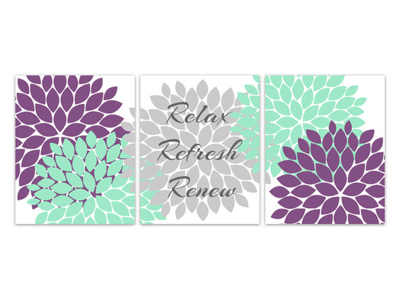 Digital Download - Relax Refresh Renew, Bathroom Wall Art, Instant Download Bath Art, Printable Bathroom Decor, Purple And Mint Bathroom Decor -