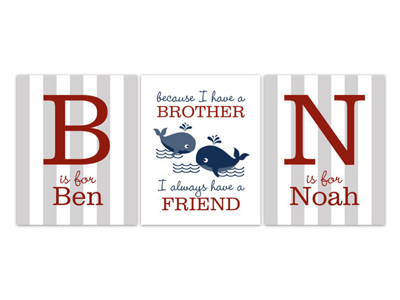 Digital Download - Brothers Wall Art, Digital Download Boys Monogram Art, Red And Blue Whale Nursery, Brothers Quote, Kids Name Art, Boys Room