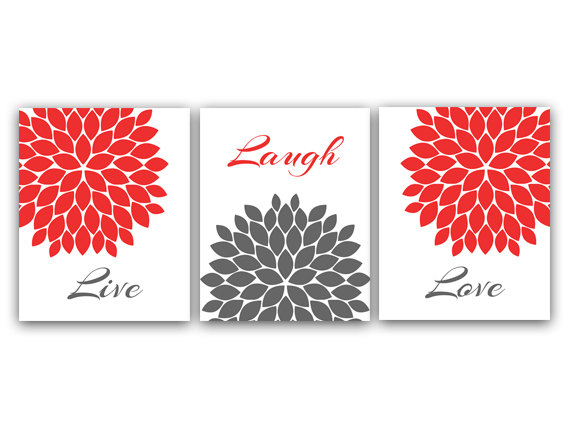 Digital Download - Home Decor Wall Art, Live Laugh Love, Coral And Gray Art, Digital Download, Flower Burst, Printable Wall Art - Home17