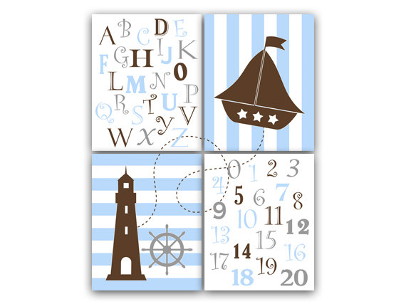 Digital Download - Nautical Nursery Wall Art, Instant Download Blue And Brown Nursery Art, Alphabet Art Nursery, Nautical Number Art - Kids64