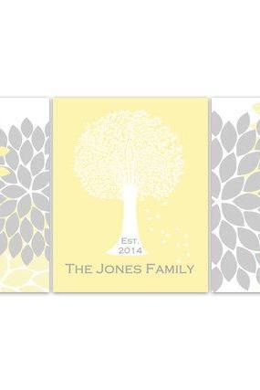 Digital Download - Home Decor Wall Art, Digital Download Custom Family Tree Established Print, Yellow Grey Home Decor, Wedding Gift- Home82