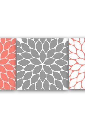 Digital Download - Home Decor Wall Art, Instant Download Coral And Grey Flower Burst Art, Bathroom Wall Decor, Coral Bedroom Decor, Nursery Wall