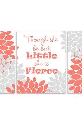 DIGITAL DOWNLOAD - Nursery Art Print, Coral and Gray Nursery Decor, INSTANT DOWNLOAD, Though She Be But Little She Is Fierce, Kids Art Print - KIDS166