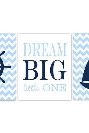 Digital Download - Nautical Nursery Decor, Instant Download Dream Big Little One Nautical Wall Art, Blue Chevron Kids Room Decor, Sailboat Art -