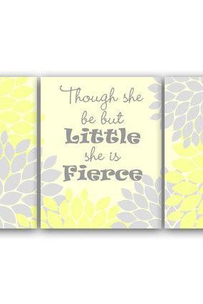 Digital Download - Nursery Art Print, Yellow And Gray Nursery Decor, Instant Download, Though She Be But Little She Is Fierce, Kids Art Print -