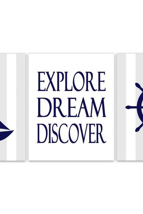 DIGITAL DOWNLOAD - Nautical Nursery Wall Art, Sailboat Nursery Decor, INSTANT DOWNLOAD Nursery Quote Art, Explore Dream Discover, Sailboat Art - KIDS168