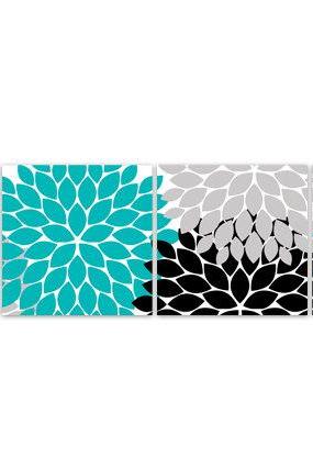 Digital Download - Home Decor Wall Art, Instant Download Turquoise And Black Flower Art Print, Bathroom Wall Decor, Turquoise Bedroom Decor -
