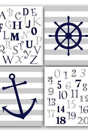 DIGITAL DOWNLOAD - Navy and Gray Nautical Nursery Wall Art, INSTANT DOWNLOAD Nursery Print, Alphabet Art, Nautical Kids Art, Modern Nursery Art - KIDS63