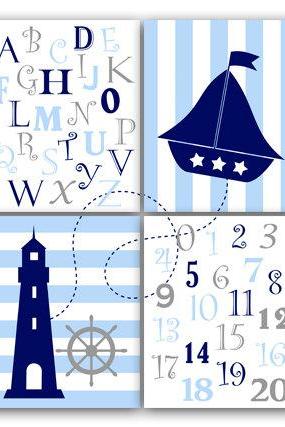 DIGITAL DOWNLOAD - Nautical Nursery Wall Art, INSTANT DOWNLOAD Blue Nursery Art, Alphabet Art Nursery, Nautical Number Art - KIDS67