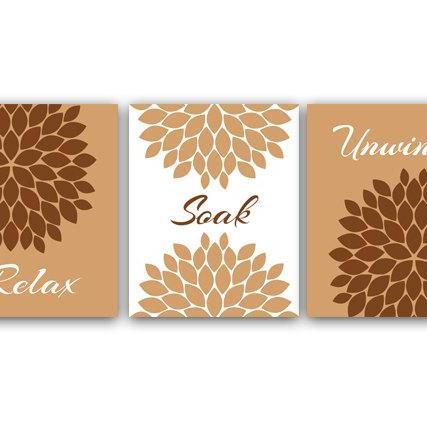 DIGITAL DOWNLOAD - Bathroom Wall Art, Relax Soak Unwind, Set of 3 Bath Art Prints, Printable Modern Bathroom Art, Brown Bathroom Decor - BATH7